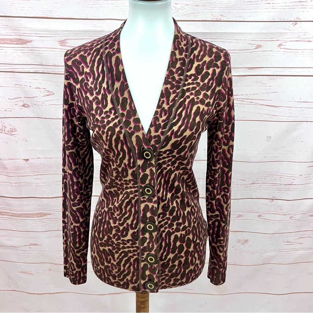 Tory Burch Merino Wool Animal Print Leopard Magenta Sweater Cardigan